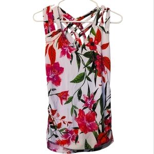 INC International Concepts White Floral Crisscross Back Tank Top Size Medium